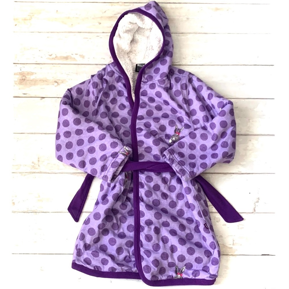 Woodrow & Friends Girls S 7/8 Sherpa Lined Robe Purple Polka Dot Bunny Rabbit